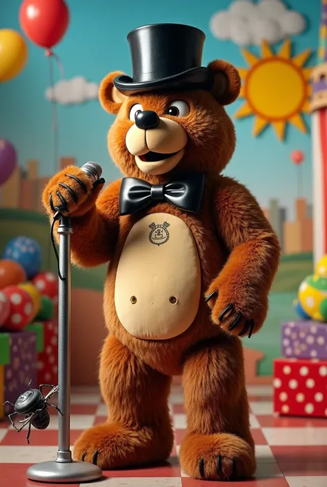 An animatronic bear from the 80s an anthropomorphic brown bear wearing a black top hat beige spot on the belly anthropomorphic black bow tie holding a microphone and singing on stage in the background colorful birthday balloons the sun and cloud a fake sce...