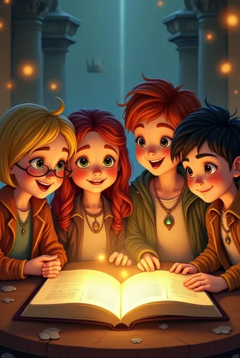 
High Resolution, Smile, realistic faces, Masterpiece, Sparkle, Motion Lines, a group of four kids looking in on a book that shine bright light, four friends, two boys and two girls. Fashioned clothes, A girl with a blond bob and a glasses, a boy have funn...