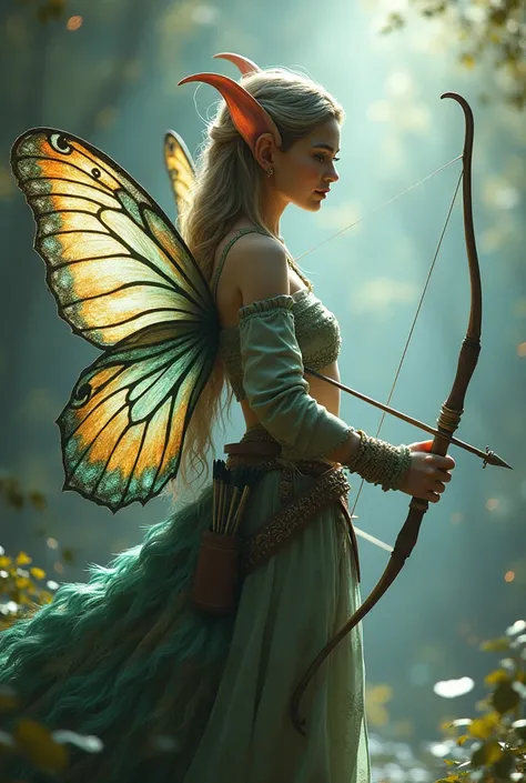 Woman with butterfly wings, peacock tail, elf ears, dressed as an archer