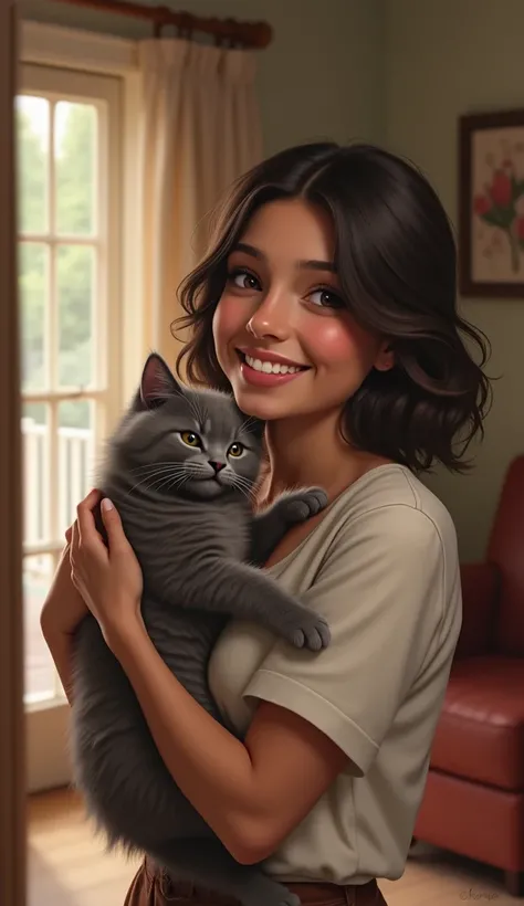 created a realistic picture, A person named Lila came into the living room, hugging a soft gray kitten. Lila smiled.