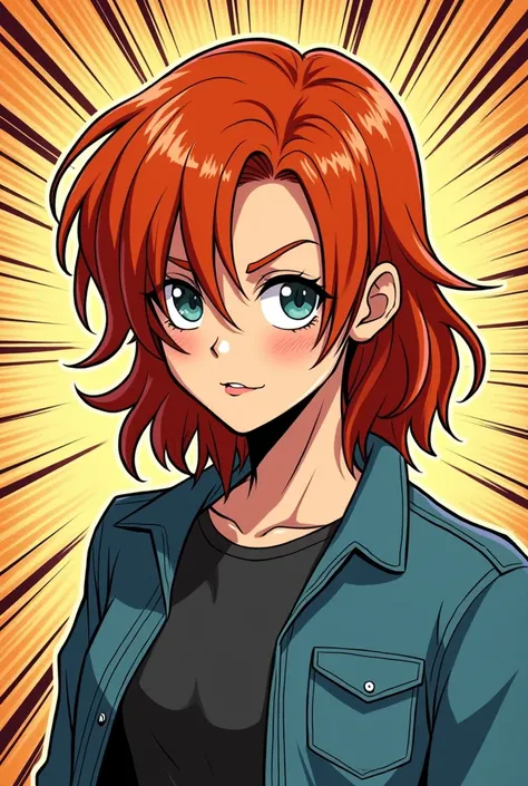 From the previous image about the red-haired girl, do it again but as an illustration, It should be a comic-like drawing but it should not look like a girl but rather like a teenager.