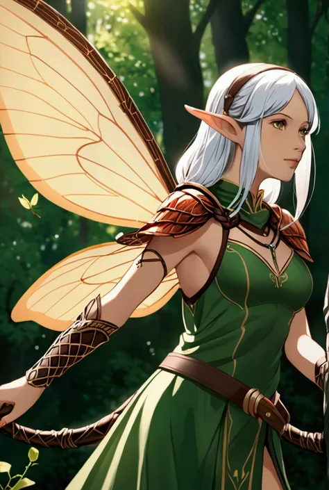 Woman with cicada wings, elf ears, and a tail dressed as an archer