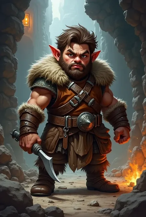 A detailed illustration of a character resembling Barbarian of Dungeon and Dragons, Halfling, short brown hair.