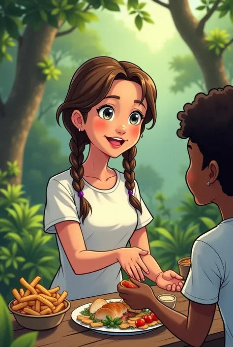 A white-skinned woman with grey eyes and brown hair divided into two braids, is located in a forest, with white t-shirt, a little bit of dirt on the shirt. He gives food to a  with dark skin and curly hair. comic style 