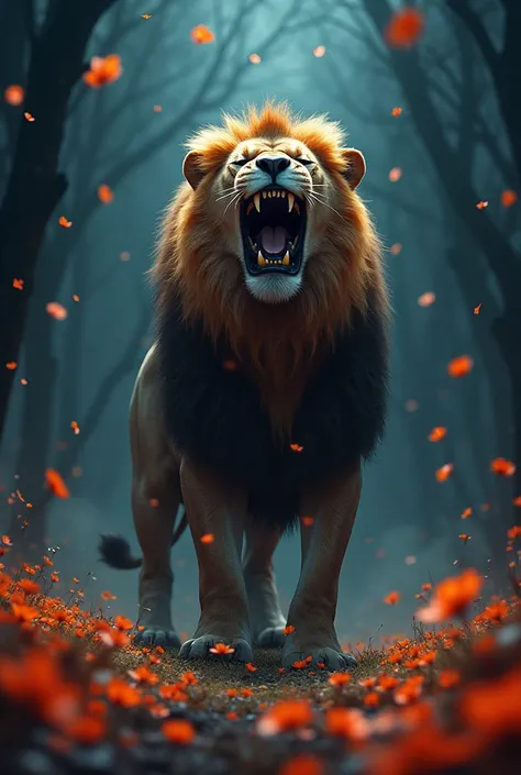 A lesson, with its fur in deep shadows. He is in a majestic pose., roaring loud, As brightly colored flowers gently fall around them., contrasting with the darkness. The flowers seem to glow slightly., Adding a magical touch to the gloomy atmosphere..