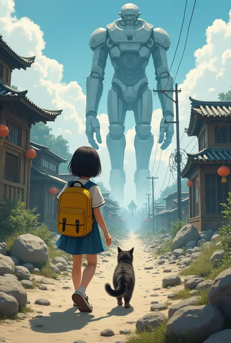 realistic quality, conept art style, Girl with her back turned with a yellow backpack and accompanied by her cat friend, traveling, realistic apocalyptic world with asian elements, giant figures, Distant perspective,