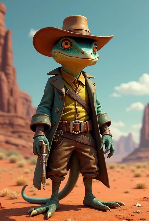 Cowboy humanoid chameleon with the same style as the Rango movie