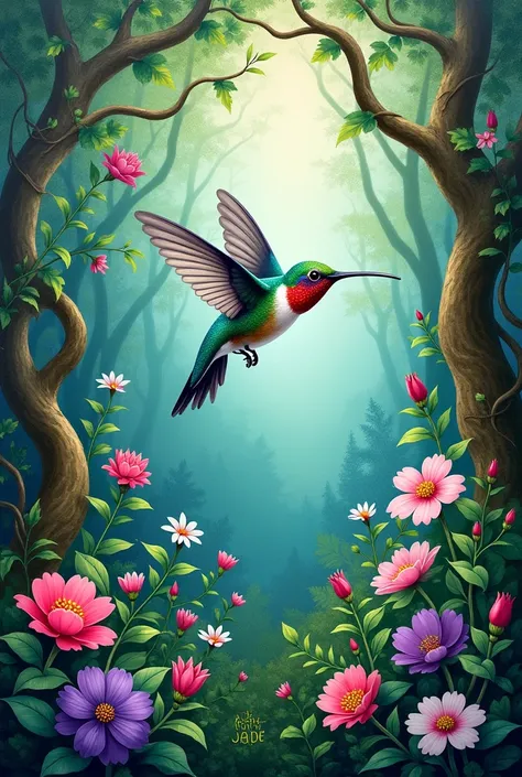 a painting where there is a hummingbird in the forest with vegetation and flowers and the written phrase Recanto Jade 