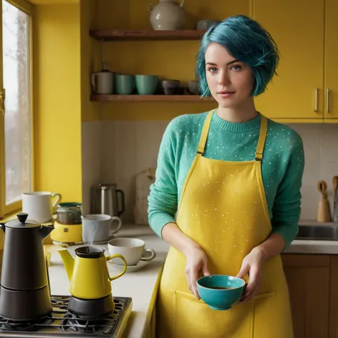 (((Woman, 20 years old, Nordic ethnicity, short blue hair))), ((perfect face, light freckles, Blue-Green eyes)), wearing a cozy (((yellow))) sweater. She is standing in a warm, inviting kitchen, preparing Mokka using a traditional stovetop espresso maker (...