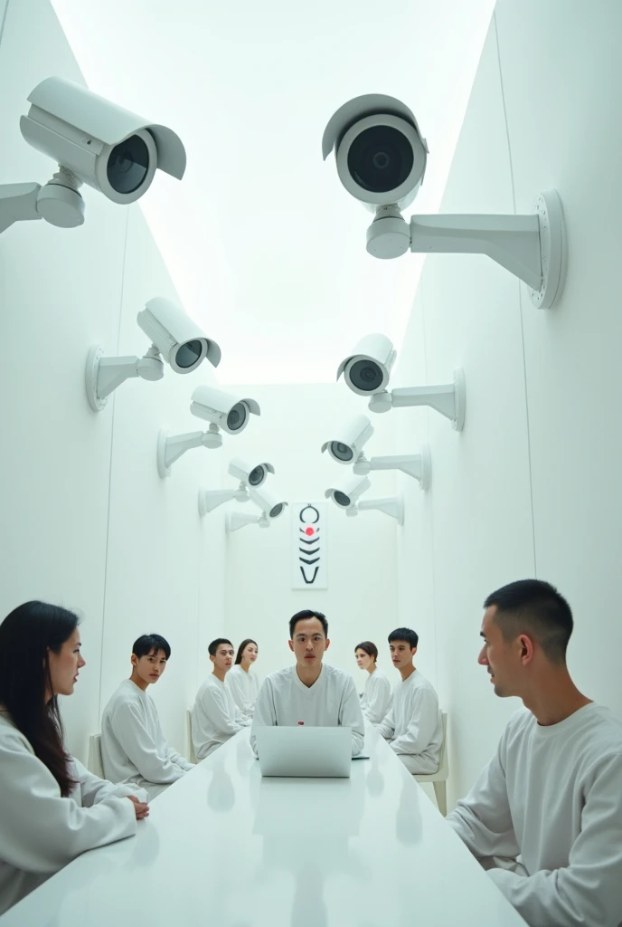 A white room of the future with cameras and trapped humans 