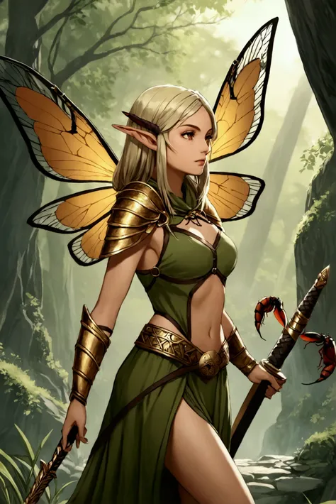 Woman with cicada wings, elf ears, and a tail dressed as an archer. With scorpion sword 