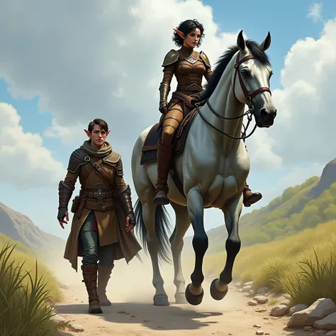 2 people and 1 horse.  Female 1 is riding a very large grey dappled warhorse. The horse is walking on a dirt road. Female 1 is an Elf fighter with leather armour, black hair, short curly hair, pointy ears, red eyes, 5 3" tall. Her face has a very smug expr...