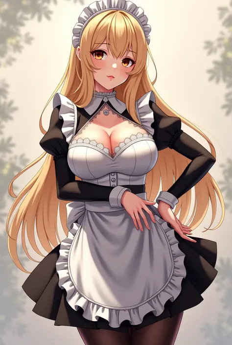 (masterpiece) anime girl, blond hair, big breasts, high heels, french maid costume.
