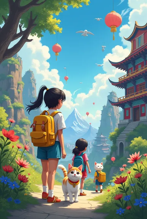 Realistic quality，Concept art style，girl with yellow backpack，Her cat friend keeps her company，Frequent travel，A world with Asian elements，Huge characters，Distant perspectives, 3 Girls