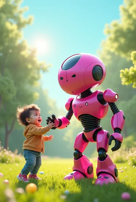 Pink robot playing ball with a child 
