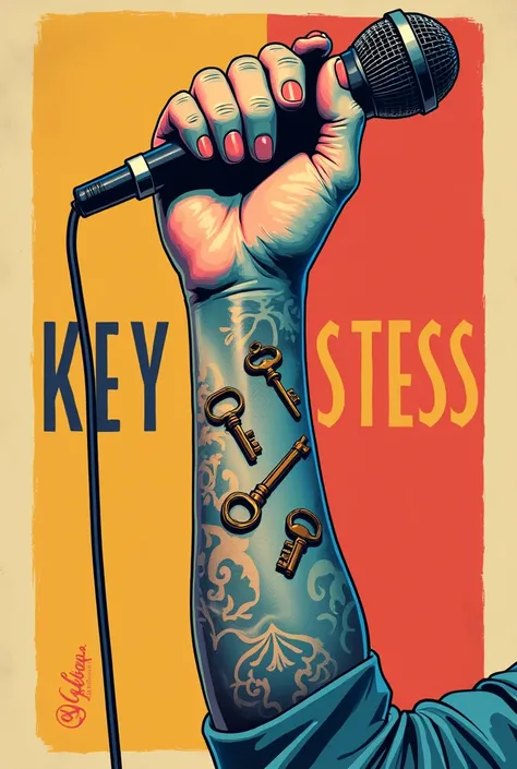 Generate a nice square cover for my song Key to Happiness, on it is an arm holding a microphone, on the arm there is a tattoo with a bunch of keys and 3 keys to luck 