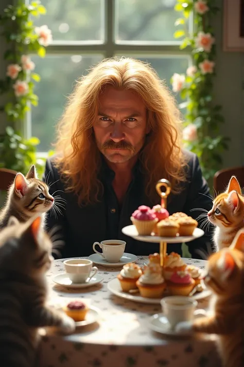 Dave Mustaine from Megadeath band, ginger hair, having tea party with kitties 