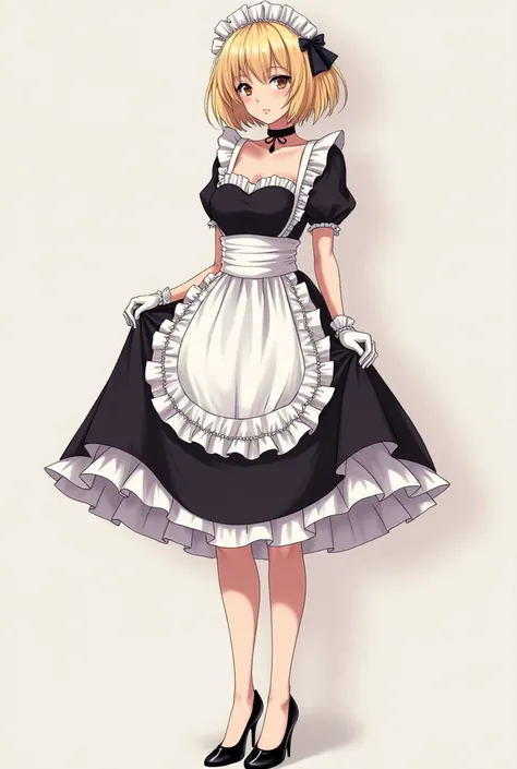 (masterpiece) anime girl, short blond hair, big breasts, high heels, french maid costume.
