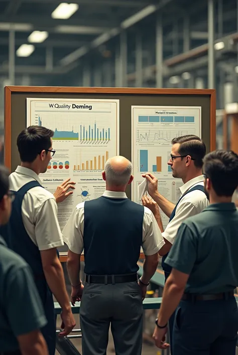 Shows Deming on a production line, interacting with workers and reviewing quality control charts, representing its practical and statistically-based approach