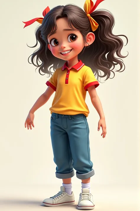 Girl with long wavy hair combed with a ponytail with red and yellow ribbons wearing a polo shirt with a red collar and a yellow polo shirt with blue pants with white socks and white sneakers standing and looking straight ahead smiling