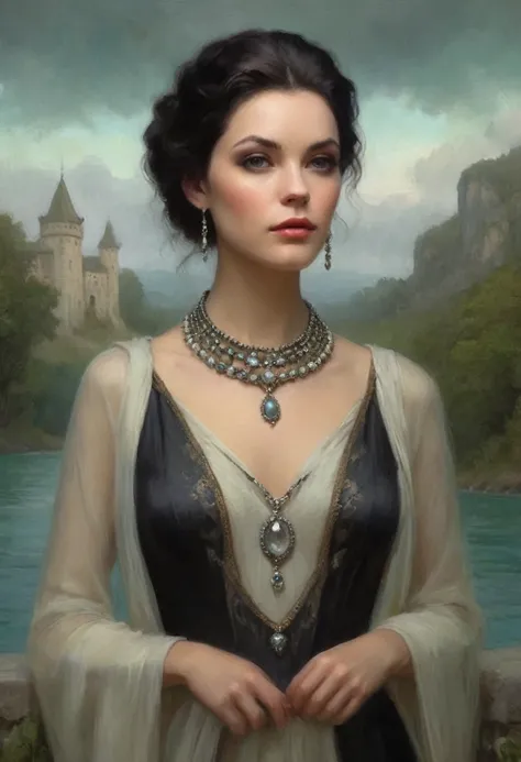 close-up painting of woman with necklace, in bowaters artistic style, beautiful character painting, oil painting of princess vulvin, tom bagshaw style, inspired by ivan kramsky, masterpiece! arwen portrait, tom bagshaw portrait, tom bagshaw donato giancola...