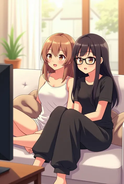 create an idyllic image in anime illustration style of two women watching television, one is a beautiful british woman with semi-long straight light brown hair, who is dressed in a white tank top and white shorts and has her legs, which are crossed in the ...