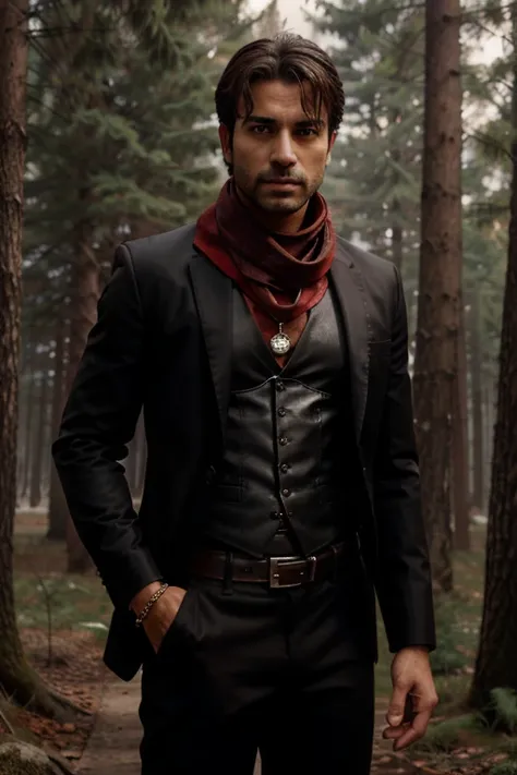 Amun, Omar Metwally, Twilight, male, 1, 30 years old, dark brown hair, short and messy hair, slim and muscular build, brown eyes, black dress shirt, black pants, brown and red scarf, black belt with silver buckle, black boots, combat vests, red jewelry cha...