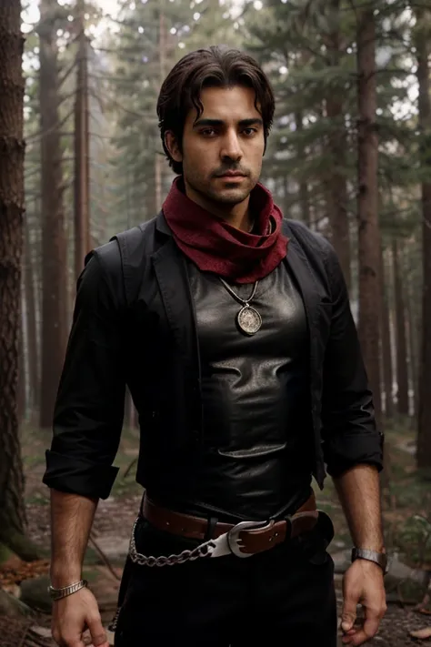 Amun, Omar Metwally, Twilight, male, 1, 30 years old, dark brown hair, short and messy hair, slim and muscular build, brown eyes, black dress shirt, black pants, brown and red scarf, black belt with silver buckle, black boots, combat vests, red jewelry cha...