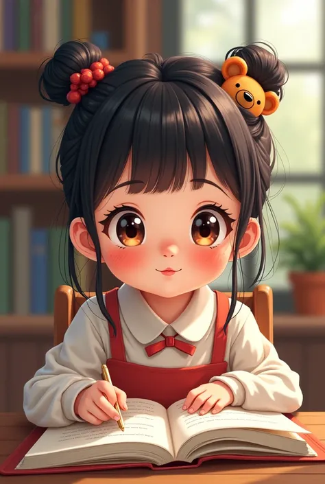 A cute classical Chinese girl with big eyes，Showing a doll-like innocence and playfulness, holding a book in hand, tilting head, wearing a bear bundle in hair, facial features, big and bright eyes, smiling lips, smiling sweetly, reading at the desk in the ...