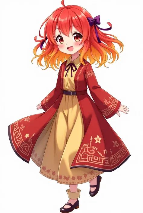 DO AN ANIME GIRL 
CHARACTER WITH RED AND YELLOW HAIR IN A WHITE BACKGROUND
HAPPY SHOW THE BODY WITH LONG CLOTHES

