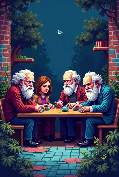 mix a statue of philosophers with retro gaming elements, put it as if they were playing, make it as if they were INSIDE a game, like Mario, all pixelated, THE ENVIRONMENT AND THE PHILOSOPHERS THEMSELVES