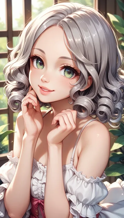 ultra detailed, detailed and cute eyes, japanese , ( cute  girl), look at the photographer, smiling,  (curly gray hair, nekomimi), glossy lips,  center image,  perfect limbs, perfect anatomy, (frilled summerdress), suggestive