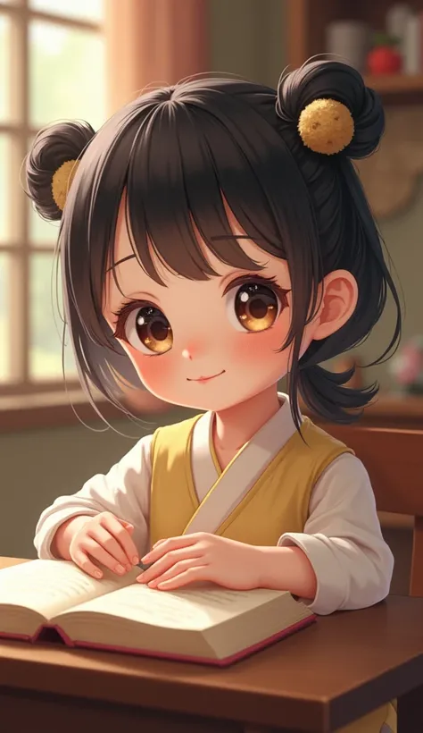 A cute classical Chinese girl with big eyes，Showing a doll-like innocence and playfulness, holding a book in hand, tilting her head, wearing a bear bundle in her hair, facial features, big and bright eyes, smiling lips, smiling sweetly, reading at the desk...