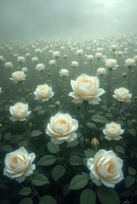 Crée-moi un champ de de rose blanche ambiance amour mortel