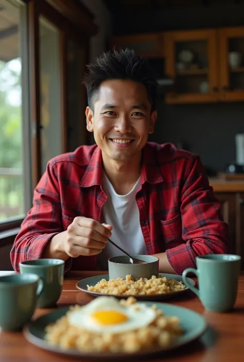 a handsome Indonesian man, short spiky black hair, red plaid shirt, smiling face cargo pants sitting in home, There is a table with cups and a teapot and a plate of rice and egg.., photography, Ultra HD, 4k 