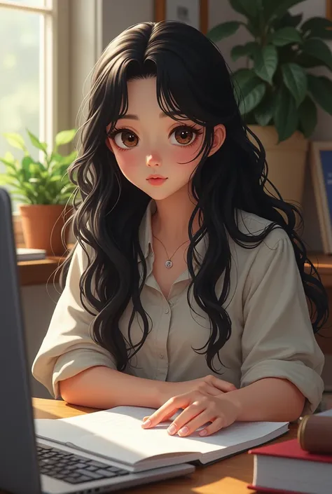 A girl with long black wavy hair, white skin big dark eyes studying marketing 