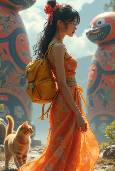 Beautiful woman in sexy Asian clothes with a yellow backpack traveling through fantastic worlds of Japanese culture. Landscapes with giant daruma figures and other elements of Japanese culture. The girl explores these worlds with her cat and they discover ...