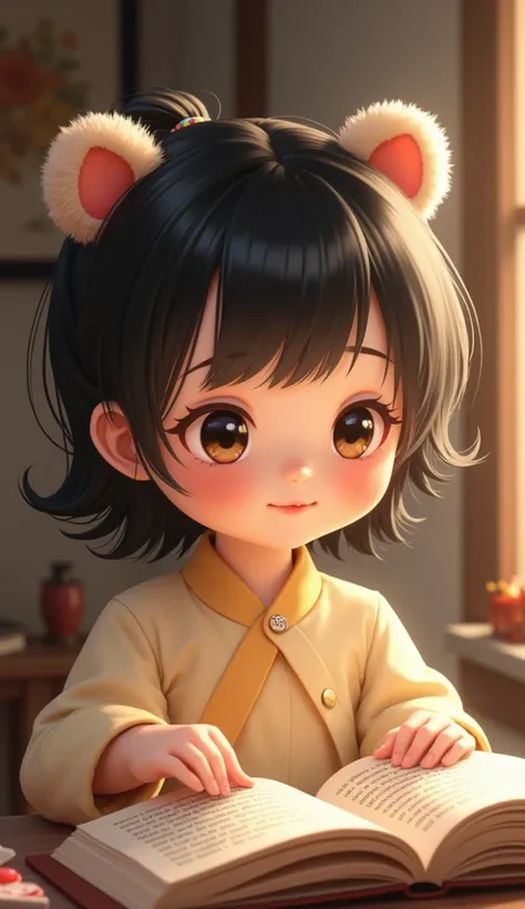 A cute classical Chinese girl with big eyes，Showing a doll-like innocence and playfulness, holding a book in hand, head tilted, with bear hair tied in hair, facial features, big and bright eyes, smiling lips, smiling sweetly, reading comics at the desk in ...