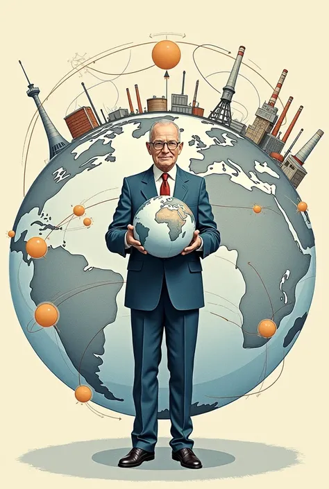 A drawing showing Deming holding the globe, with connections between different factories around the world, highlighting how their focus on quality had a global impact, especially in the Japanese industry