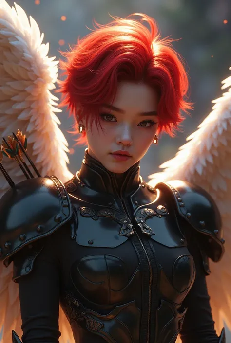 Yang Jeongin, member of Stray Kids. A sexy redheaded boy, angel, one white wing and one black wing, celestial-warrior carrying arrows, ultra-detailed, realistic, chiaroscuro lighting,dramatic cinematic lighting, dramatic shadows, dramatic contrast, highly ...