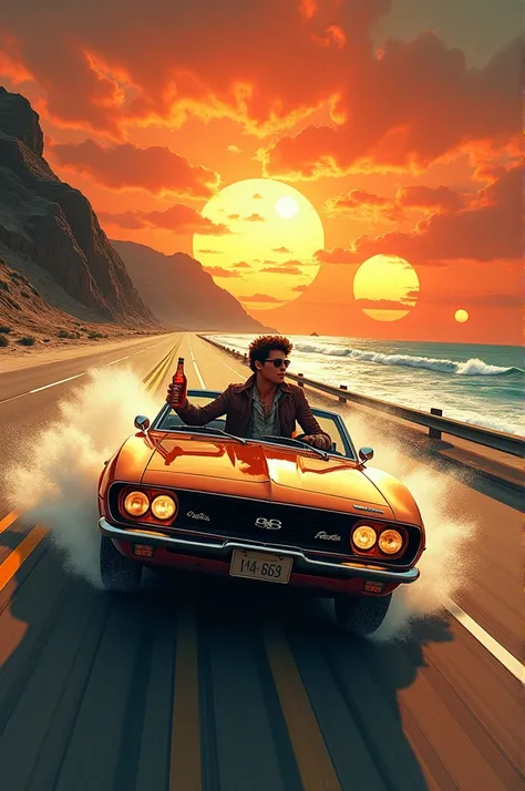 A young 70s style boy driving a car at high speed with a bottle of whiskey in his hand , passing by a highway next to a beach with an apocalyptic scene in the background at sunset with three suns 