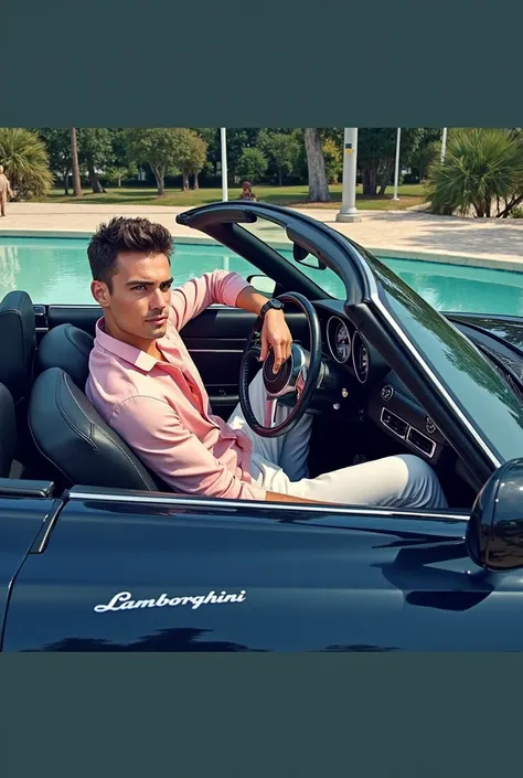 man, beautiful, elegant, white, skinny, soft leather, beautiful face pink shirt with lamborghini 