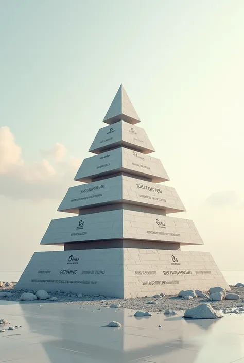 Draw a pyramid or a building under construction that represents the "Total quality" (Total Quality Management), with Deming at the base, symbolizing how its principles are fundamental to organizational success.