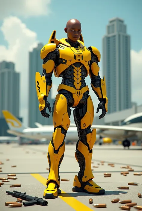 Create a surreal scene based on the pure Sniper game, outdoor setting Miami airport and in the center of the scene a sniper in a yellow Transformers style suit with an uncovered male human face, light brown skin, Marvel style, with many bullet casings on t...