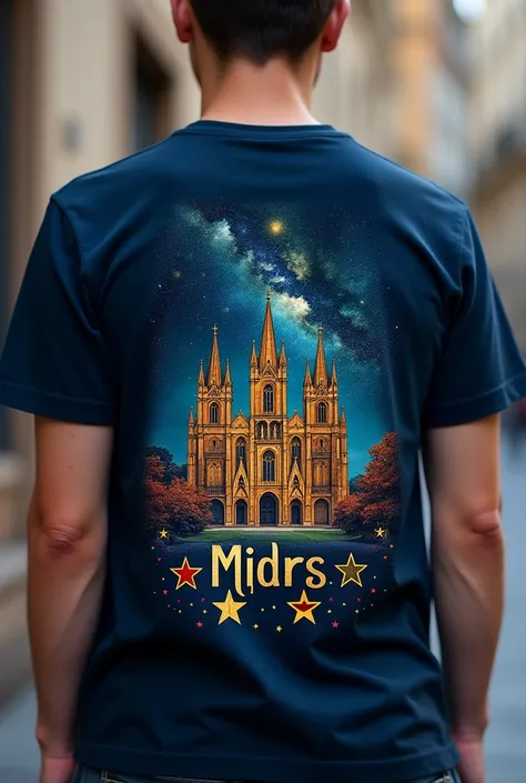 make me a dark blue t-shirt that has Mildry as a nickname, have the cathedral of reims, with the name Reims stars below with colors and that the t-shirt is on the back 