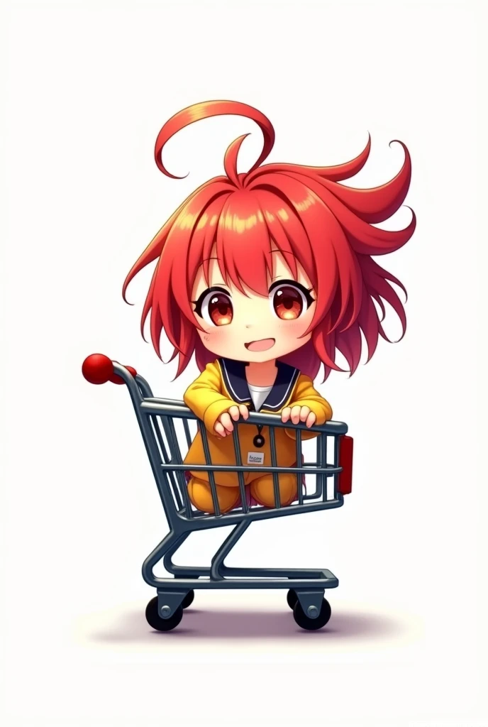 DO AN ANIME GIRL CHARACTER WITH RED AND YELLOW HAIR IN A shopping cart WITH AN WHITE BACKGROUND


