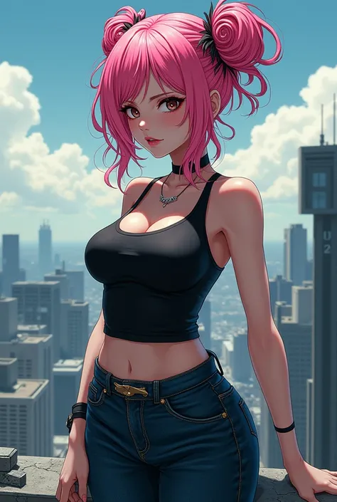 create a character in the style of jujutsu kaisen,pink hair with lots of spirals,light brown eyes,black skin,woman, 2,parecida with Yuki tsukumo, Flared jeans,black tank top mouth piercing,thin and delicate face, half-fleshy lips,On top of a building