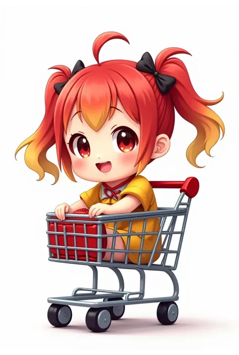 DO AN ANIME GIRL CHARACTER WITH RED AND YELLOW HAIR IN A shopping cart WITH AN WHITE BACKGROUND


