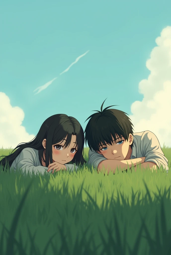 Teenage girl with adult boy lying on grass looking straight ahead anime