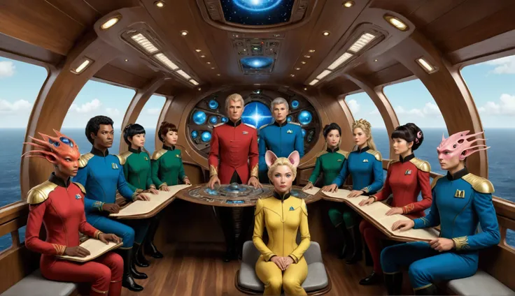 The bridge of the starship is abuzz with activity as a diverse group of 12 recently graduated Cosmicfleet Academy cadets and 12 officers from various species, one is anthropomorphic metallic red frog humanoid, 3 Humans, green aliens with antennas, coming o...